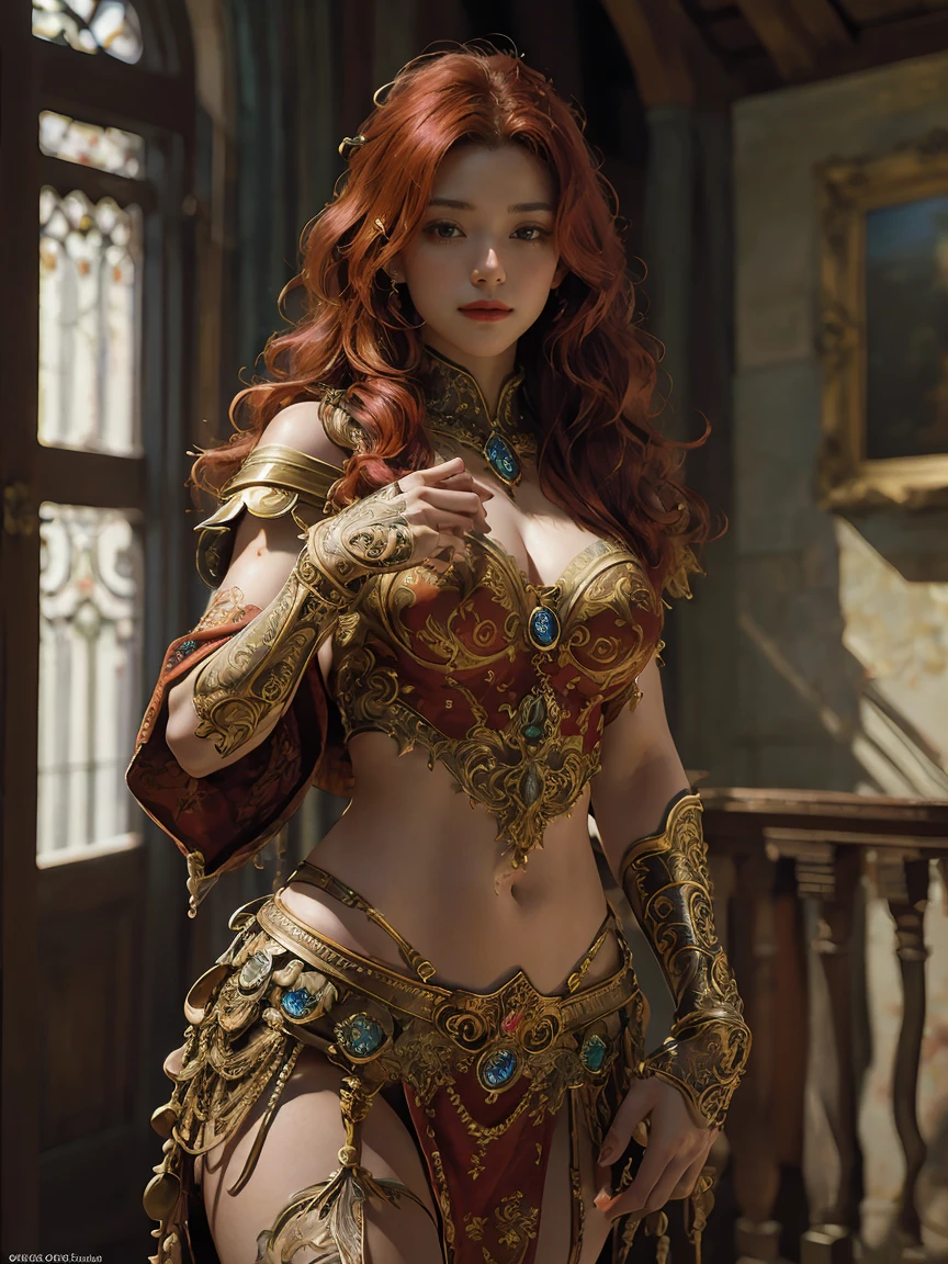 fechin oil painting style, oil brush strokes, large color blocksdisney,in the Palace of Westminster,a female Amazon, medieval theme, (((masterpiece))), ((best quality)), ((intricate detailed)), ((Hyperrealistic)), woman, perspective, highly detailed, illustration, 1 girl, perfect hands, detailed fingers, beautiful detailed eyes, red hair (fantasy:1.2), armor, detailed background, fierce seductive look, dynamic view,dynamic pose, perfect proportions, very long wavy ruby hair, nightime