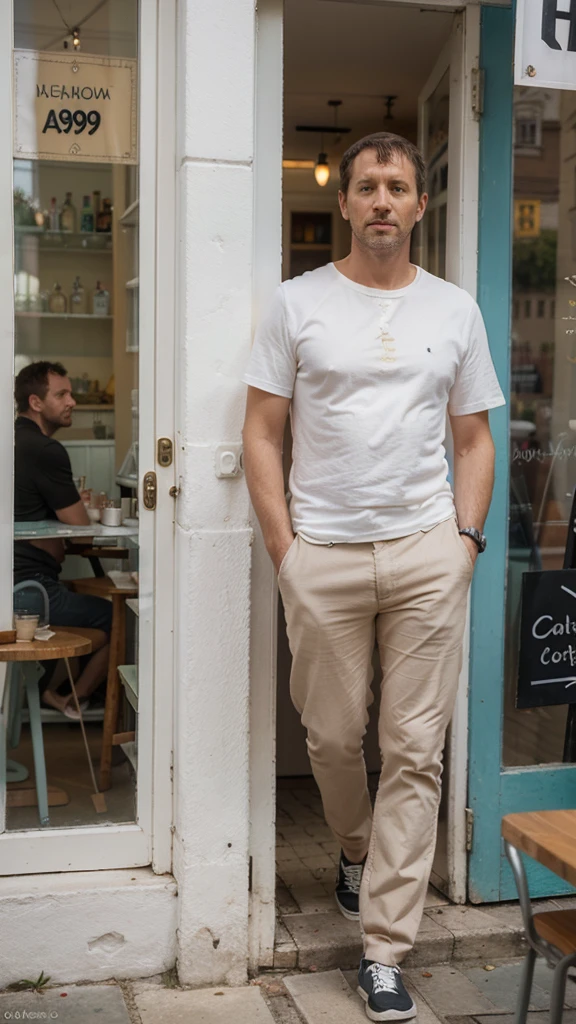 Lisbon, A young ((((39-year-old)) Marcus Logan)), pale englishman, tall, standing in front of a cafe, ((colorful))