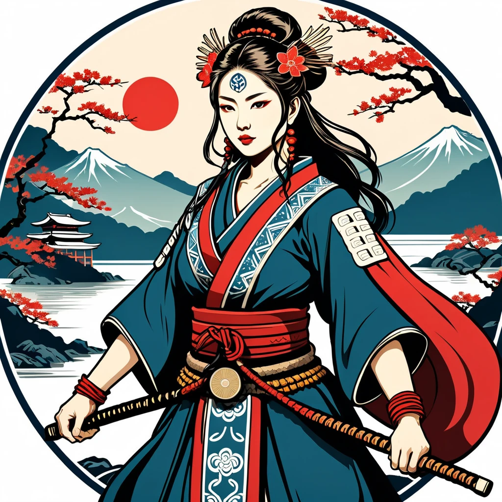 viking amazon in japanese folk outfit, vector graphics, strong contours
