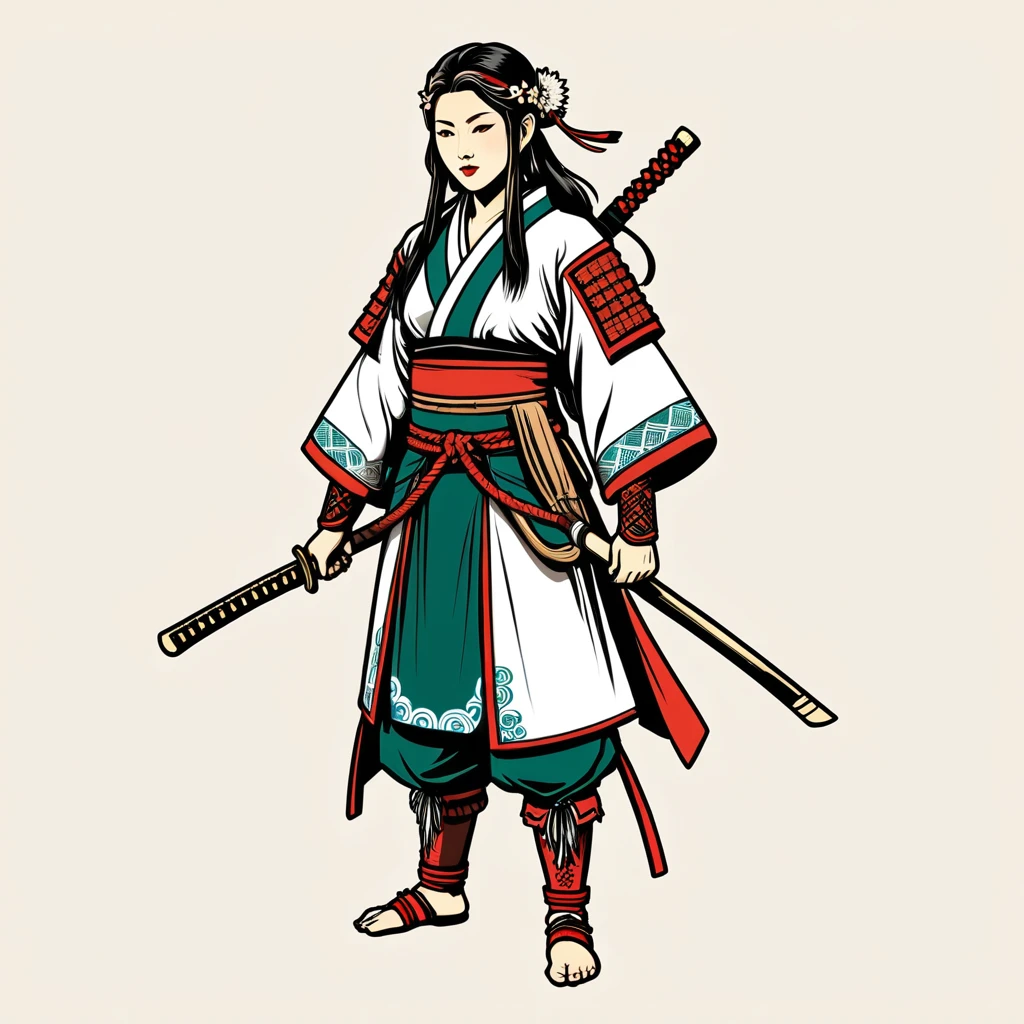 viking amazon in japanese folk outfit, vector graphics, strong contours