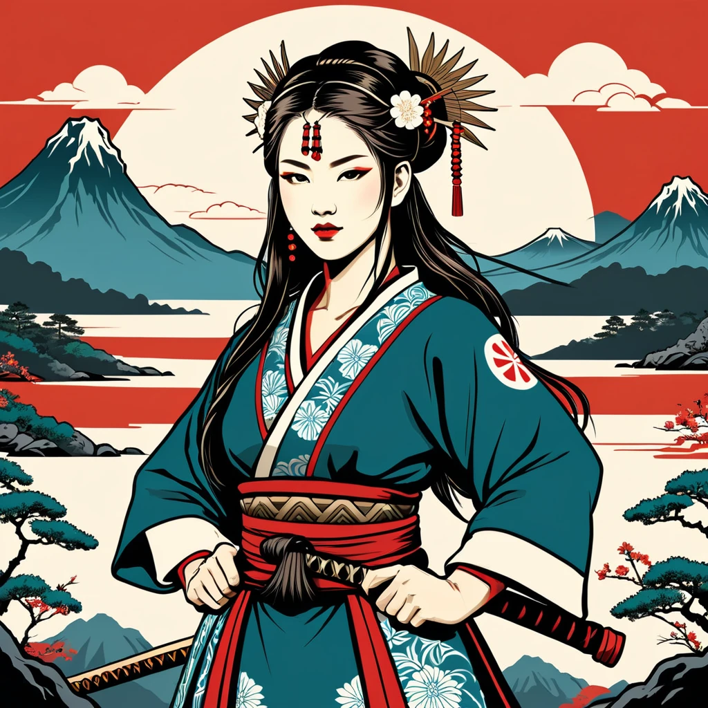 viking amazon in japanese folk outfit, vector graphics, strong contours

