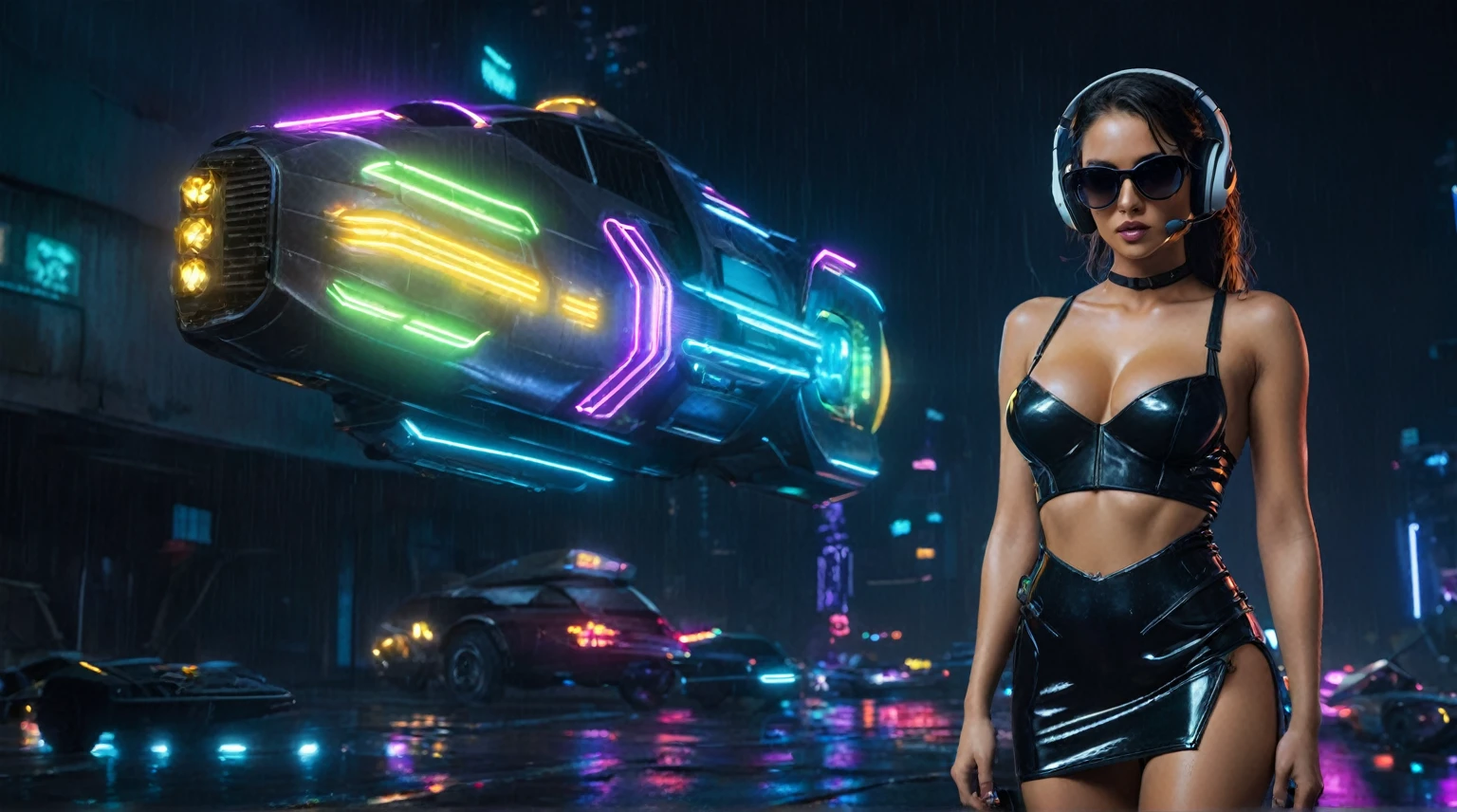(aerial view, a flying cars docking platform, a very dark abandoned futuristic city, neon lights), rainy night. (((1girl, solo, alone))), large-breast:1.2 slim body, cleavage:1.1, sexy wind blowing wet dress:1.4, (((headphone, black sunglasses, standing and holding pistol:1.8, dynamic rushing pose))), (((((half-body thigh level medium shot))))), cinematic lighting, lens flare, ray tracing.