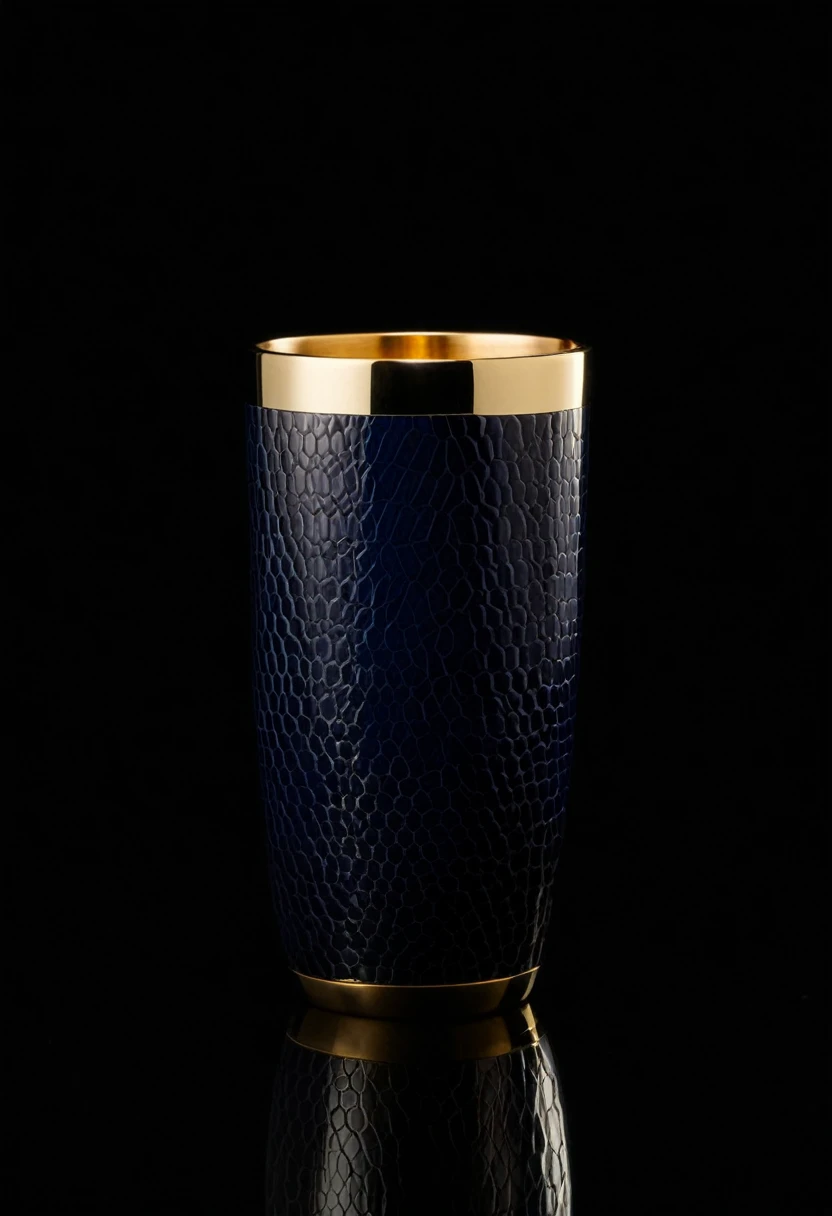 Create a photorealistic image of a luxury insulated tumbler. Cylindrical shape with straight sides. Main body in deep Midnight Blue (HEX: #191970) with an embossed snake-skin or scale-like pattern covering the entire surface. The pattern should have subtle light reflections, creating depth and texture, with hints of lighter blue highlights.
Gold accents: wide, polished band at the top rim and a thinner band at the base. The top rim should show a glimpse of the gold-toned interior.
Height: approximately 7 inches (18 cm). Capacity: 20 oz (590 ml).
Composition: Front 3/4 view of the tumbler against a pure black background. Dramatic side lighting to emphasize the texture of the pattern and the metallic sheen of the gold accents. Slight reflection on the surface below the tumbler.
Style: High-end product photography with sharp focus on the tumbler, showcasing the luxurious materials and intricate design.