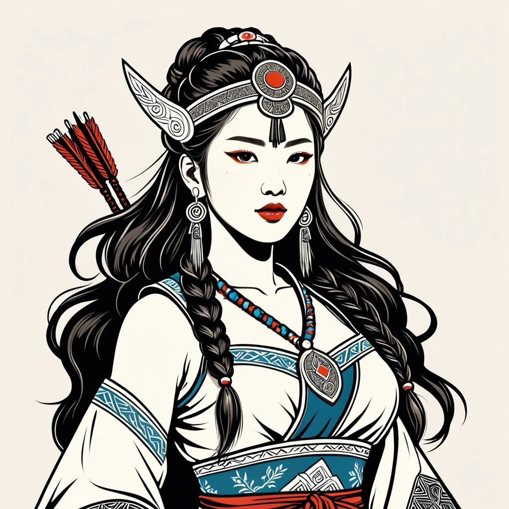viking amazon in korean folk outfit, vector graphics, strong contours