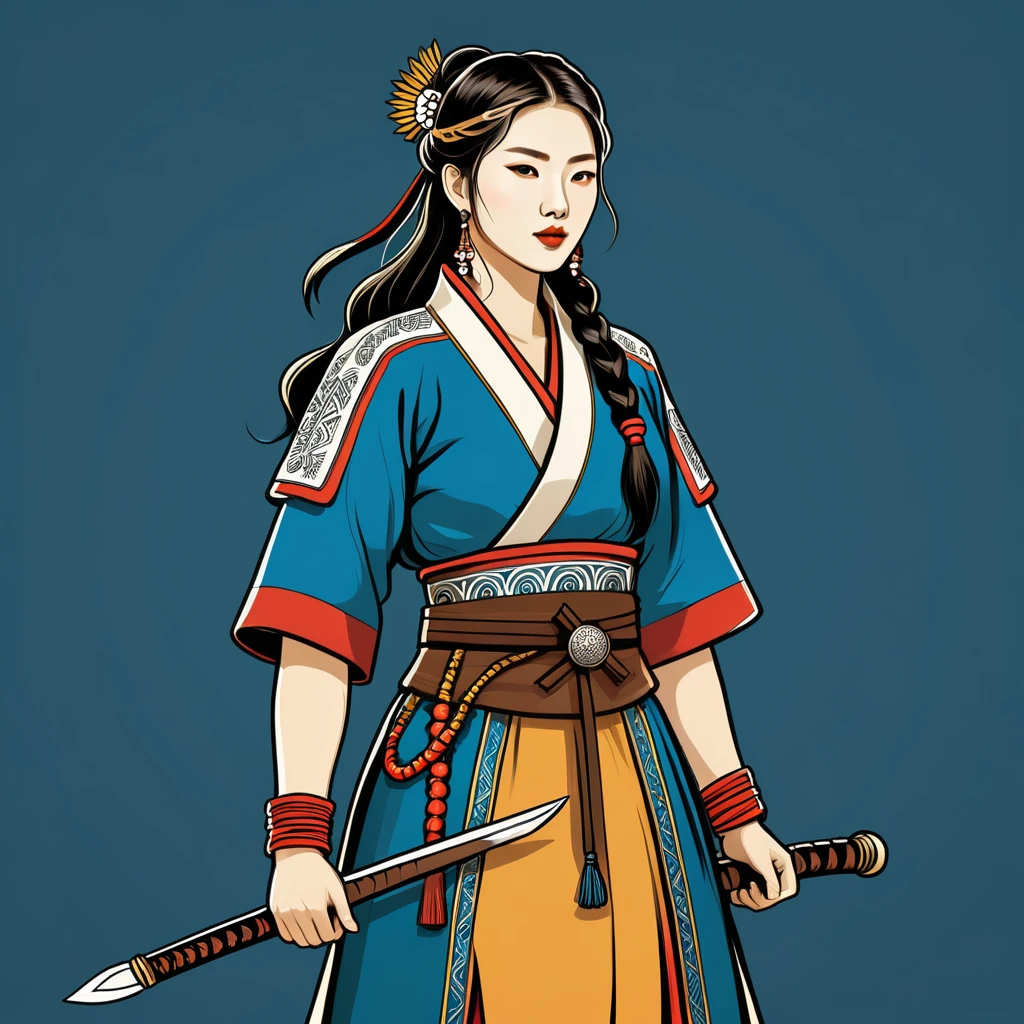 viking amazon in korean folk outfit, vector graphics, strong contours
