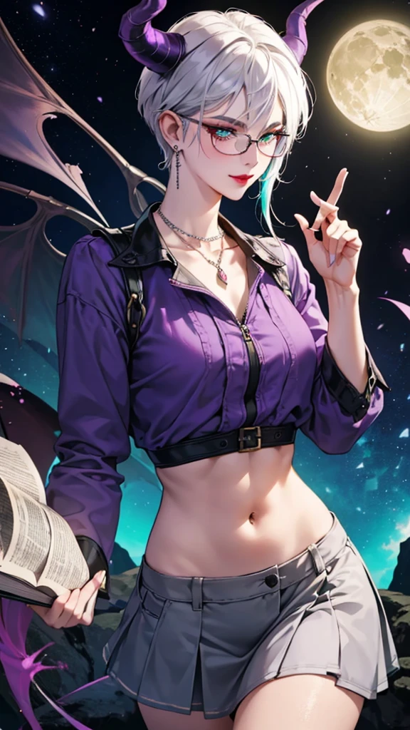 8k, masterpiece, best quality, highly detailed, 1 girl, tiefling, warlock, multicolored hair, very short straight hair green highlight hair on white hair, strippled hair, wearing glasses, round glasses, earrings, navel piercing, miniskirt, red eyeshadow, long eyelashes, blushed cheek, red lips, necklace, rings, collarbone, mole, glamorous, teal clothing, purple clothes, smirk, close up view, rings, looking at viewer, demon horns, solo, nightmarish landscape, blue pale moon, standing, cosmic horror, decaying, holding books
