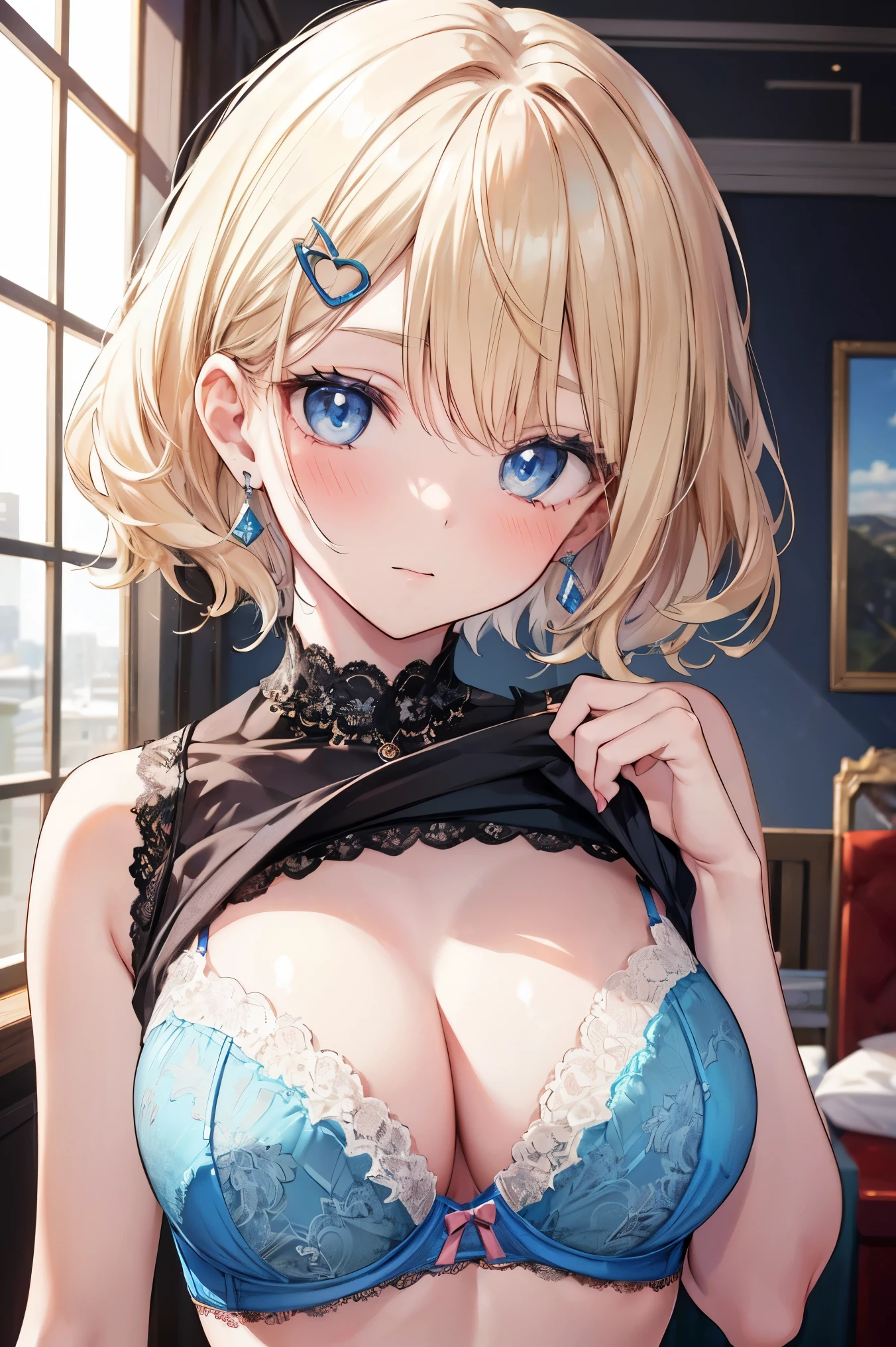Absurd, Ultra-detailed,Bright colors, Very beautiful and detailed anime faces and eyes, View from the front, ;is, Shiny_skin,Age 25, (Lace sleeveless lift:1.6),(Fashionable bras:1.5) ,short hair,(Palace Bedroom) , Asymmetrical bangs, Blonde hair in short pigtails, Shiny Hair, iselicate beautiful face, blush、(iseep Blue Eyes:1.3), White skin, Barrette, Earrings, necklace, Brown clothes, Beautiful Clouds, isusk sky,