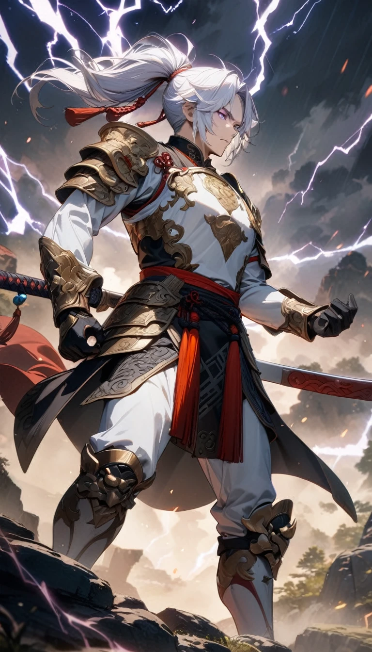 Adult man, long white hair, high ponytail, purple eyes, white Chinese armor, general form, lightning, lion skin, guan dao, Masterpiece, best quality, Full HD, 8k, ultra details, great graphic