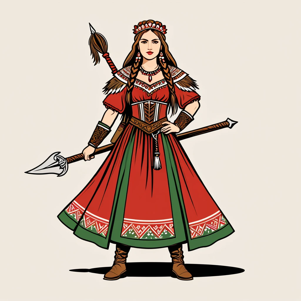 viking amazon in hungarian folk outfit, vector graphics, strong contours