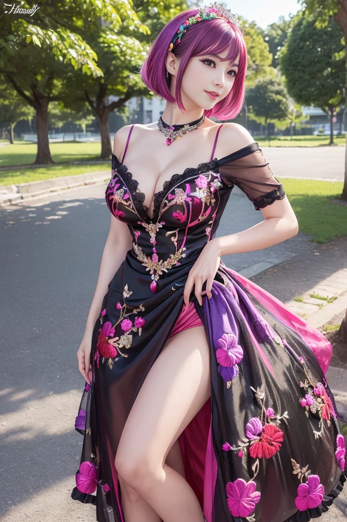 (masterpiece:1.4), (best quality:1.4), ultra high res, ultra high resolution, ((detailed facial features)), HDR, (realistic, photorealistic, photo-realistic:1.37), full body Esbian, sexy Vietnamese model, (-anime), vivid colors, ((vivid colors multicolor (pink, red, purple) very short hair)), ((smiling face)), lip-gloss, long lashes, ultra detailed metallic makeup, defined eyebrows, wearing large sparkling colorful jewelery, (wearing a red silk Paradise Kiss cosplay dress with black floral embroidery), ((vivid colors outfit)), vivid colors, look at the camera, cinematic light, large park background with trees, sweet and sexy pose