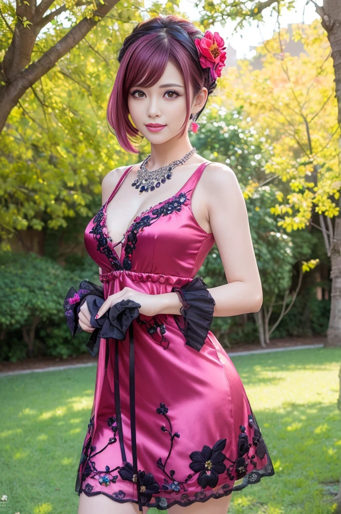 (masterpiece:1.4), (best quality:1.4), ultra high res, ultra high resolution, ((detailed facial features)), HDR, (realistic, photorealistic, photo-realistic:1.37), full body Esbian, sexy Vietnamese model, (-anime), vivid colors, ((vivid colors multicolor (pink, red, purple) very short hair)), (happy smile), lip-gloss, long lashes, ultra detailed metallic makeup, defined eyebrows, wearing large sparkling colorful jewelery, (wearing a red silk Paradise Kiss cosplay dress with black floral embroidery), ((vivid colors outfit)), vivid colors, look at the camera, cinematic light, large park background with trees, sweet and sexy pose