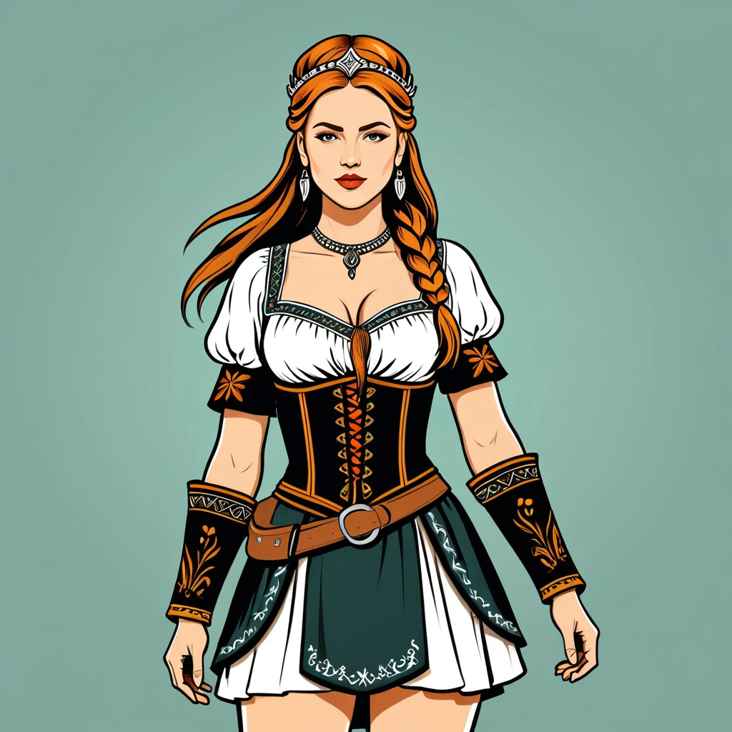 viking amazon in german folk outfit, vector graphics, strong contours
