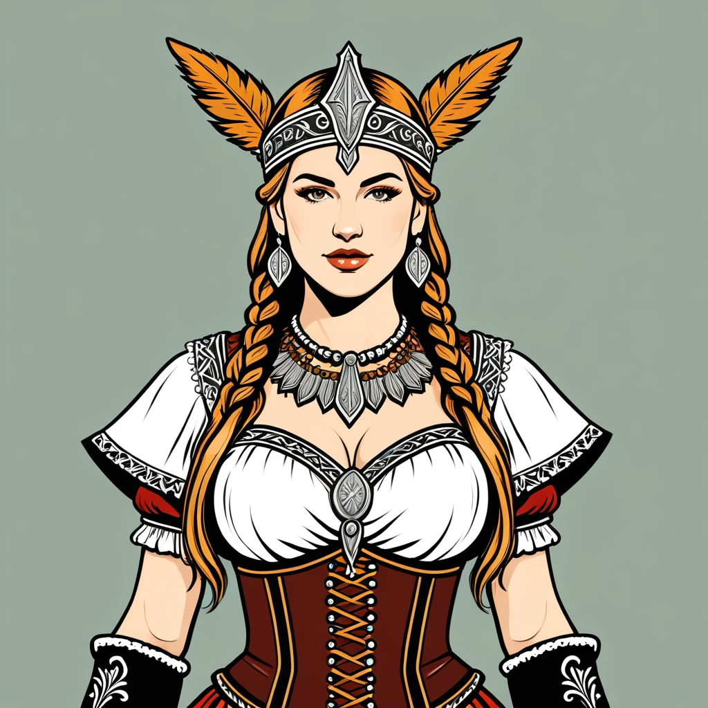 viking amazon in german folk outfit, vector graphics, strong contours