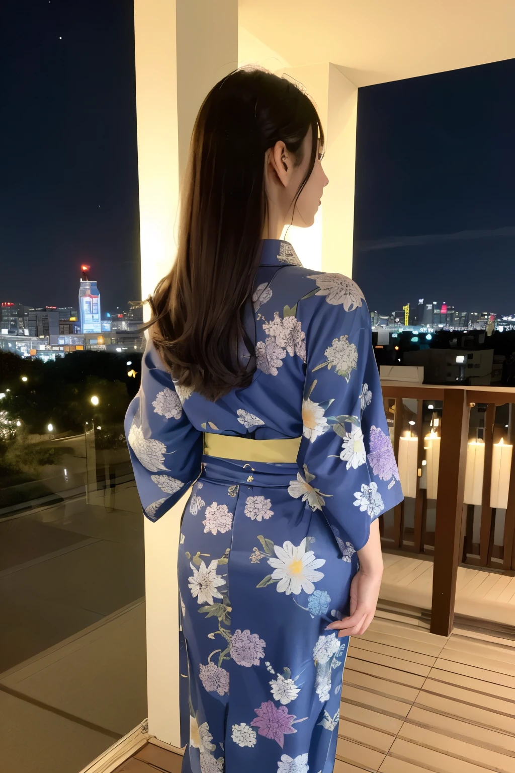 ((Highest quality)), ((masterpiece)), (detailed), One girl, yukata、Night view、Luxurious obi 、back