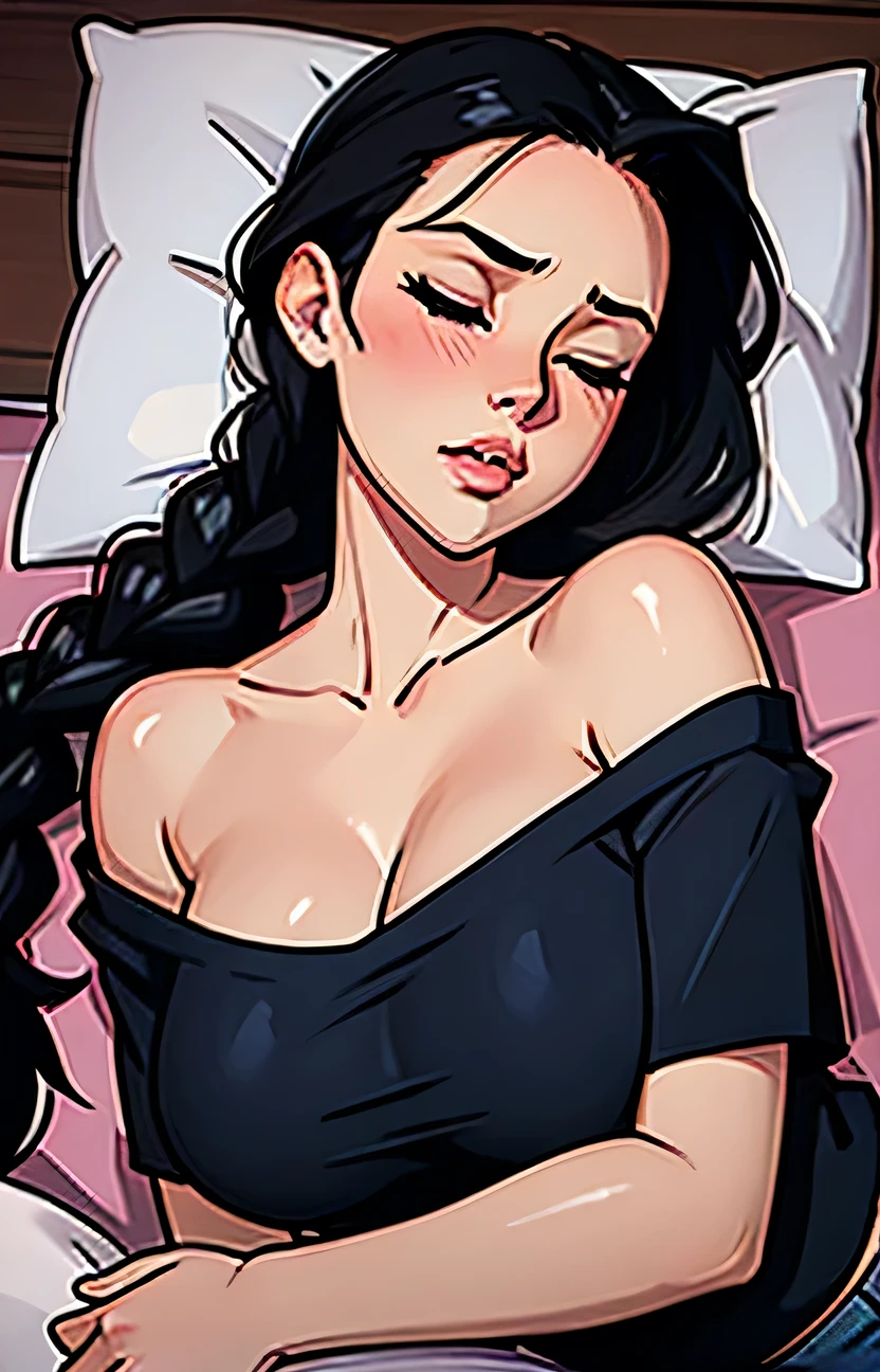 Sexy woman, black hair, single braid, long forehead, eyes closed, lips parted, deepest blush, flustered, lustful, off shoulder t shirt and blue short shorts, lying on bed, very seductive, aroused, head on pillow, facing up 