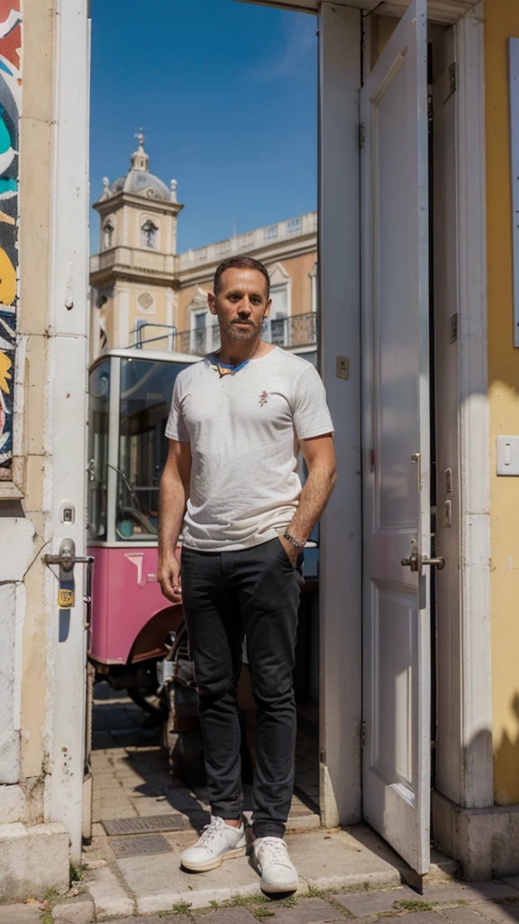Lisbon, A young ((((39-year-old)) Marcus Logan)), pale englishman, tall, standing in front of a museum, ((colorful))