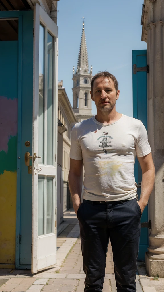 Lisbon, A young ((((39-year-old)) Marcus Logan)), pale englishman, tall, standing in front of a museum, ((colorful))