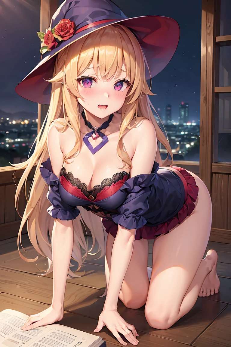 ((Highest quality、High resolution、Highly detailed CG Unity 8k wallpaper))、Adult female, Sexy Witch Cosplay, Long dark blonde wavy hair、Off-the-shoulder knit, Black pencil mini skirt, 、Medium Milk, blush, Embarrassed Laugh, Expose your shoulders、(Pose to lean forward and emphasize the chest)、Sexy purple and red bra、((blue and red lace panties))、Gorgeous magic wand and book、Hotel swimming pool、night、Sexy pose、Accentuate your butt、((Embarrassed expression))、On all fours