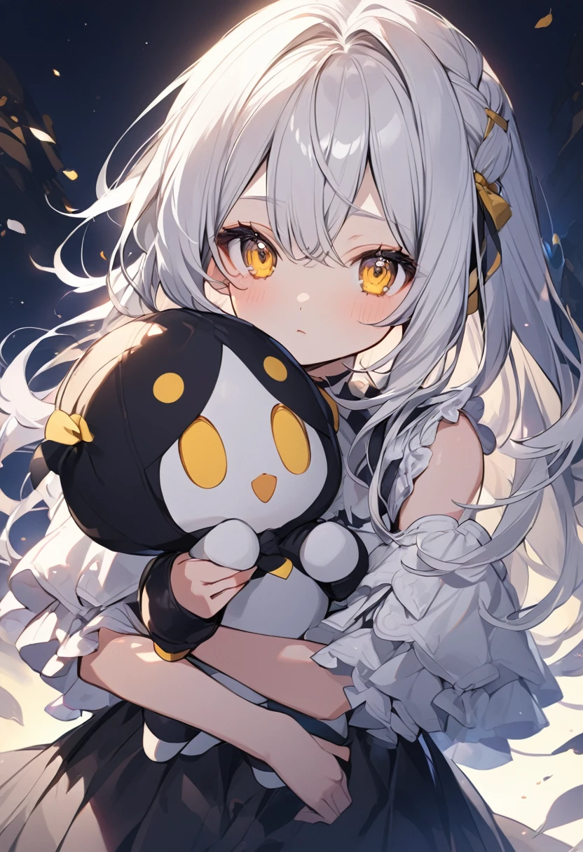 girl cute Holding a doll White Hair Yellow Eyes