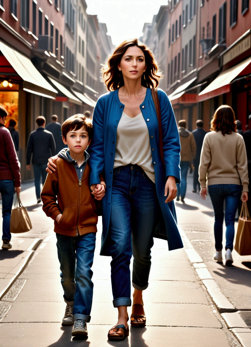 (8k, RAW photo, best quality, masterpiece: 1.2), (realistic, photo-realistic: 1.37), (focus on their relationship), dynamic angle, highly detailed, mother and son is walking on a crowded street, (casual clothes)