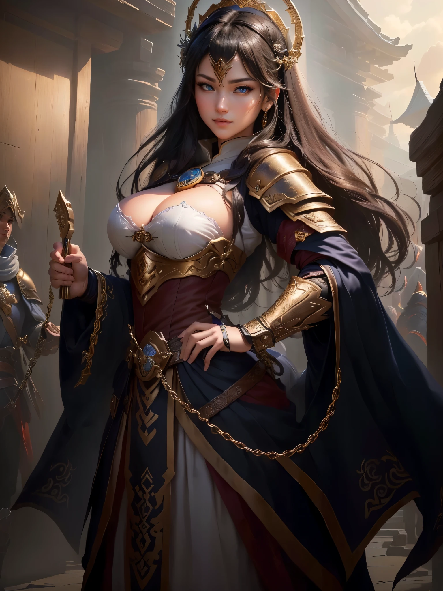 a close up of a woman in a costume holding a chain, smirking male bard, picture of a male cleric, rogue bard, inspired by Fan Kuan, inspired by Li Kan, an epic majestical degen trader, inspired by Huang Ding, arsen lupin as a paladin, inspired by Cao Zhibai, bian lian, inspired by Huang Shen, Highly detailed CG unit 8k wallpaper, masterpiece, High resolution, highest quality, highest quality real texture skin, Super Real, Digital Painting, Best image quality, 最High resolution, 8k, (((Highly detailed eyes and face, Beautiful eyes every detail))), disproportionate breasts, huge breasts, sagging breasts, gigantic breasts, black hair,