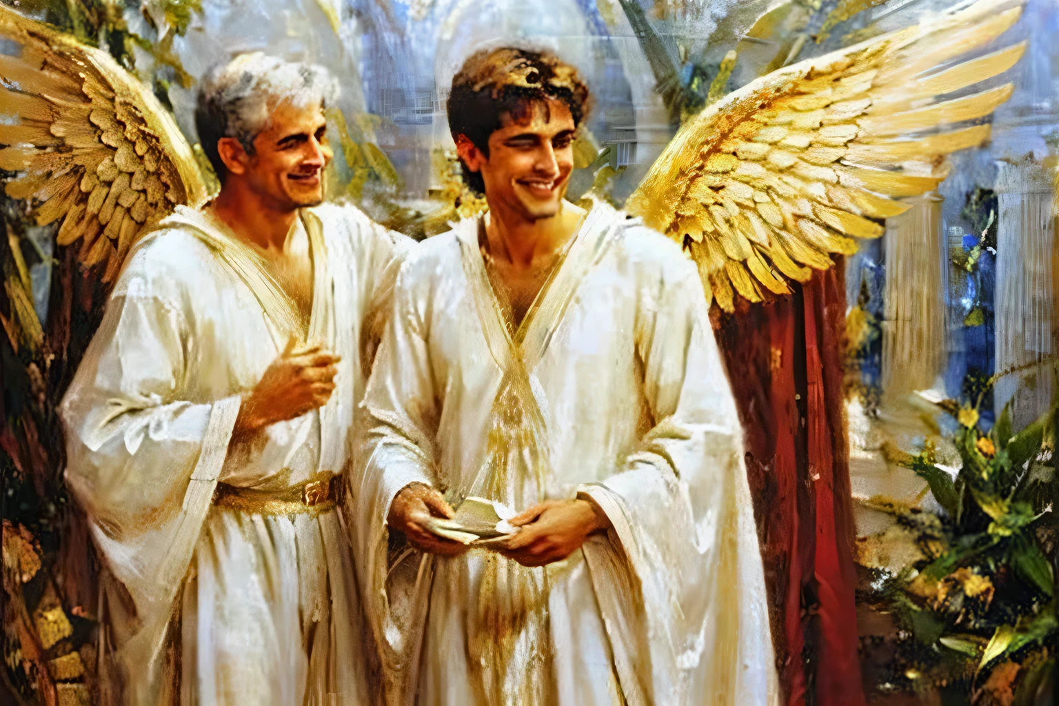 Two men standing side by side with angel wings, 60 years old and beardless, one is white with light hair and the other is dark-skinned with short black hair, They are holding a baby forward in the form of a Disney cartoon. . sem beard