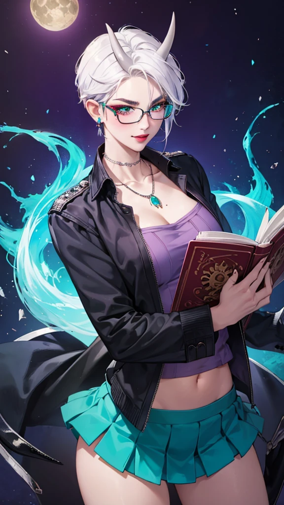 8k, masterpiece, best quality, highly detailed, 1 girl, tiefling, warlock, multicolored hair, very short straight hair green highlight hair on white hair, strippled hair, wearing glasses, round glasses, earrings, navel piercing, miniskirt, red eyeshadow, long eyelashes, blushed cheek, red lips, necklace, rings, collarbone, mole, glamorous, teal clothing, purple clothes, smirk, close up view, rings, looking at viewer, demon horns, solo, nightmarish landscape, blue pale moon, standing, cosmic horror, decaying, holding books