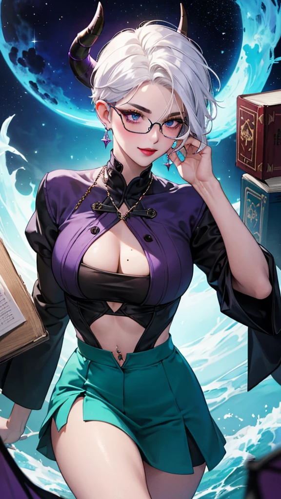 8k, masterpiece, best quality, highly detailed, 1 girl, tiefling, warlock, multicolored hair, very short straight hair green highlight hair on white hair, strippled hair, wearing glasses, round glasses, earrings, navel piercing, miniskirt, red eyeshadow, long eyelashes, blushed cheek, red lips, necklace, rings, collarbone, mole, glamorous, teal clothing, purple clothes, smirk, close up view, rings, looking at viewer, demon horns, solo, nightmarish landscape, blue pale moon, standing, cosmic horror, decaying, holding books