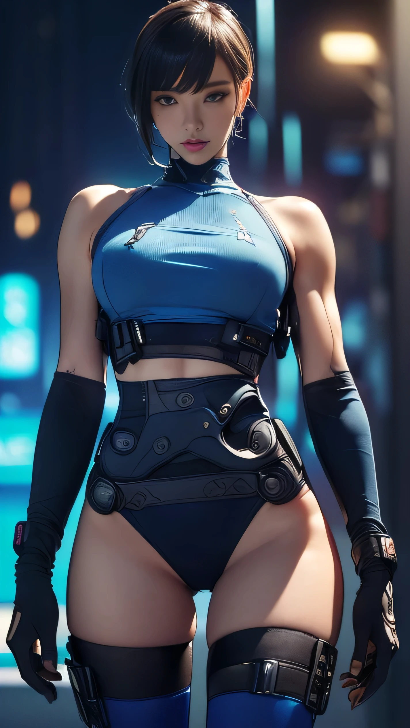 masterpiece, high quality, best quality, high resolution, 1woman, solo, absurd, beautiful, volumetric light, vibrant colors, fantasy, artbook, CG, illustration, 1 woman, mature, mature face, short blonde hair loose, thick thighs, big ass, combat position, half-naked, knees raised, sexy choir outfit, robotic, realistic shin guards, cinematic light, (transparent central opening through the mesh: 1.2 ),leg open, blue eyes, (simple, white background)