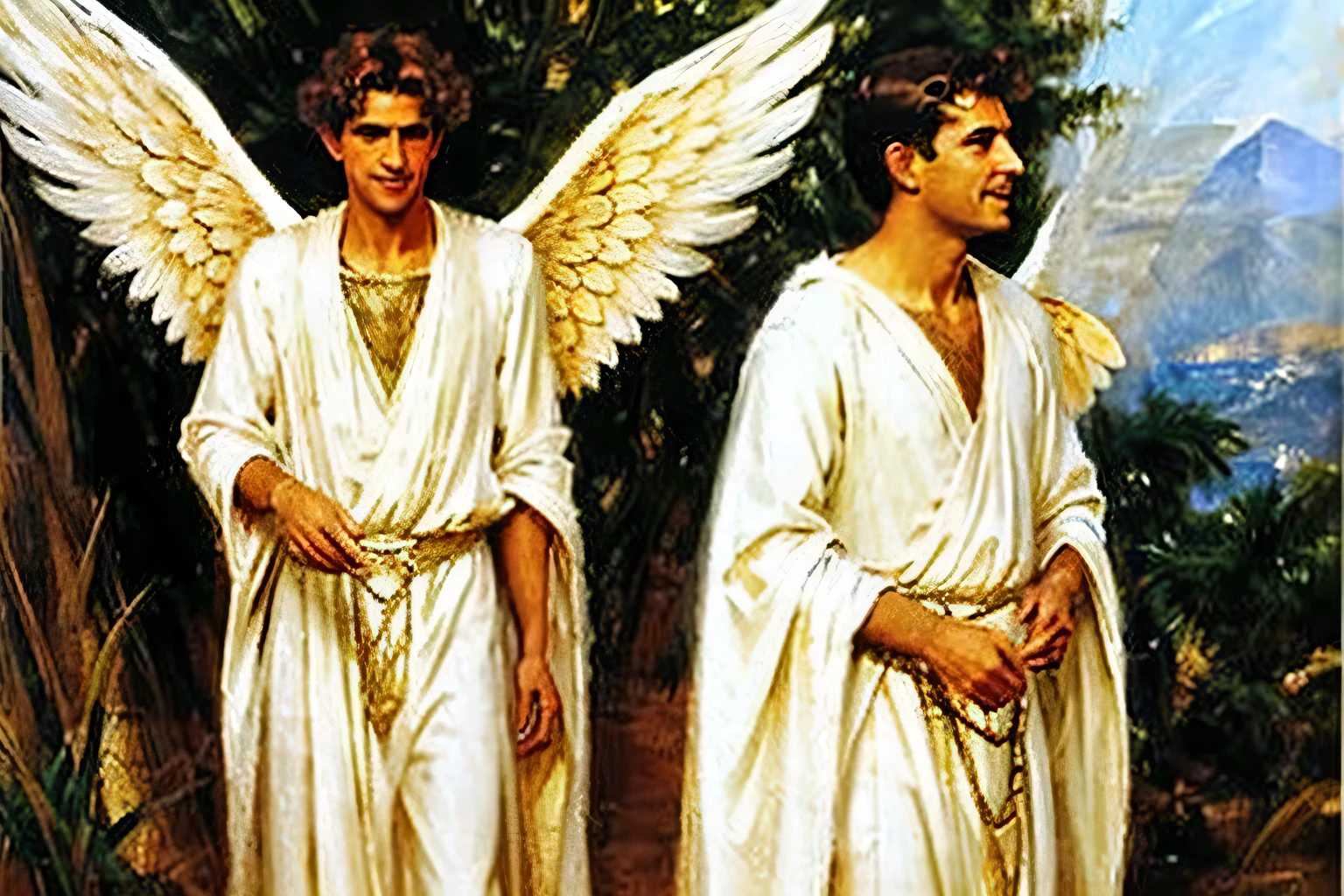 male angel head smiling with big white wings wear white greece cloth smiling, talking with man with bright head with golden wings, high detailed, oil painting style