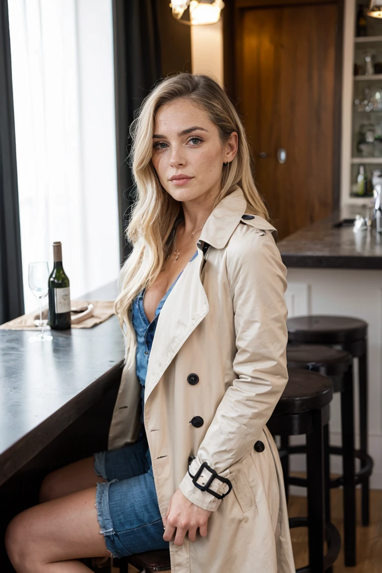 belle femme blonde portant un trench-coat assis sur un bar