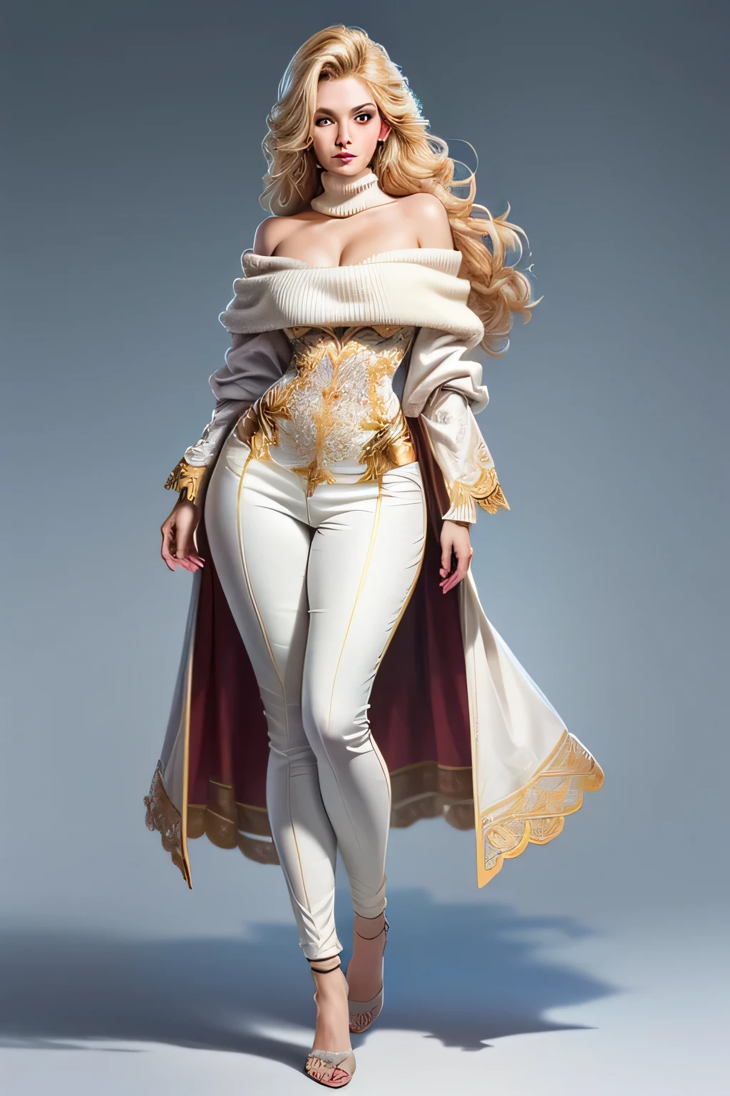 ((best quality)), ((masterpiece)), (detailed), 1girl, off-shoulder sweater, ((masterpiece,best quality,8K,high resolution)),((Character Concept Art)), 1 female, noble, Old money atmosphere, Supermodel, fashion model, 35 years old, (long Blonde Hair), Blonde Hair, (Fair skin), Ultra-fine eyes (Blue Eyes), Extraordinary and gorgeous, grace, charming, clever, calm, Perfect body ((Slim and curvy)), ((Intricate details)), Ultra-delicate hand details, Ultra-thin fingers(((Ten fingers))), Wearing a white coat、White shirt and white pants (Stand still), (Full body display), ((Exposing the whole body)), (No logos on background), (No logo), ((Solid color background)), ((Solid color background)), (((Empty background)))