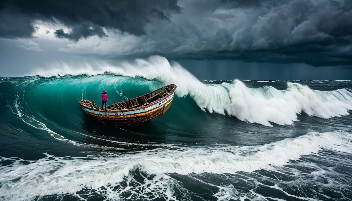 A wide angle full body shot of a woman stranded in the middle of the sea with a wrecked boat, seeing a giant wave heading her way, the scene is filled with a sense of imminent danger and tension, captured during a stormy afternoon with dark clouds and rough seas, shot with an Olympus Tough TG-6, wide angle lens, high contrast and dramatic tones