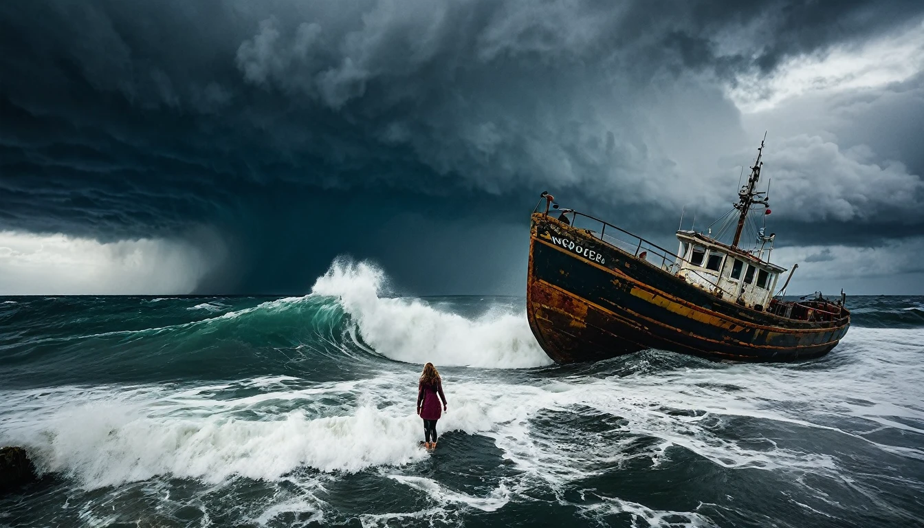 A wide angle full body shot of a woman stranded in the middle of the sea with a wrecked boat, seeing a giant wave heading her way, the scene is filled with a sense of imminent danger and tension, captured during a stormy afternoon with dark clouds and rough seas, shot with an Olympus Tough TG-6, wide angle lens, high contrast and dramatic tones