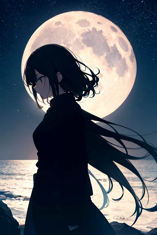 Highest quality,Big moon and shadow,A silhouette of a person can be seen against the backdrop of a large moon.,There is one full moon,There is a mood,Beautiful scenery,Starry Sky