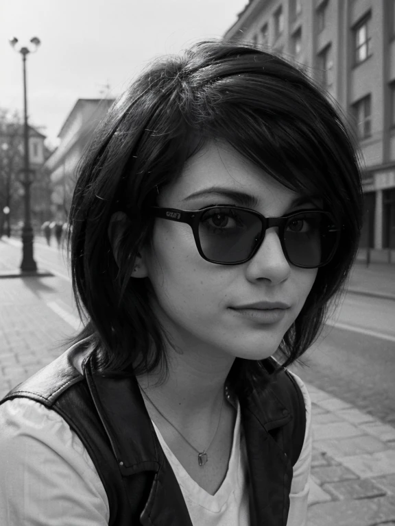 ((Monochrome Photography)), (black and white image), masterpiece, photo paper effect, Film grain, (((raw monochrome photo of a Soviet student in the style of the 80s))), filmed"Svema", Humanity, charming chubby Russian informal student 18 years old with aesthetic soft small natural breasts with beautiful soft pink nipples, round face, round cheeks, round chin, beautiful proportional small wide nose, Realistic expressive dark brown eyes, long eyelashes, Sarcastic Look, glasses with lenses, plump sensual lips, ironic one-sided half-smile, ear piercing, very tousled dark brown tousled short hair, short, tousled, disheveled hair combed into a mohawk(rebellious 80s punk hairstyle), black leather jacket, white cotton button-down shirt with collar, (Soviet clothing style of informals of the 80s), Portrait-Medium shot, Outdoors, sunny day, natural natural light, realistic human skin textures, Realistic clothing textures, realistic glasses with distorting lenses, reflections of sunlight on glasses lenses, A great backstory(Leningrad 1985),