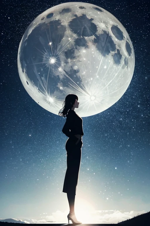 Highest quality,Big moon and shadow,A silhouette of a person can be seen against the backdrop of a large moon.,There is one full moon,There is a mood,Beautiful scenery,Starry Sky