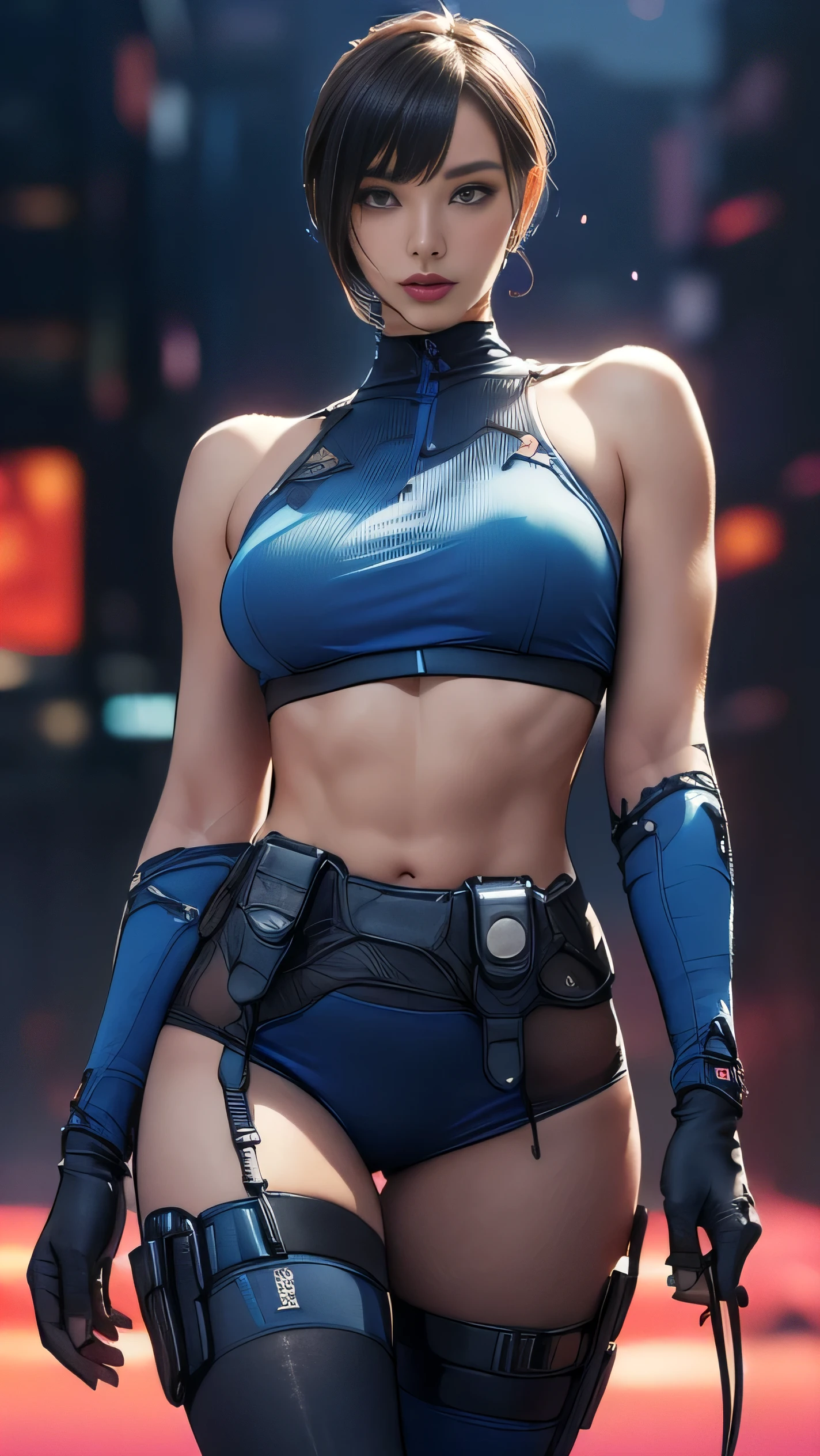 (A woman),(((A female member of the Future Force stands))),((Shiny dark blue tactical tights:1.5)),((earphone:1.5)),((Tactical Holster:1.5)),(Gloves:1.5),(Serious:1.5),(Super short hair:1.5),(beautiful eyes:1.3),(Very detailedな顔:1.5),((Very detailed drawing of a female hand:1.5)),(((muscular:1.5))),((Sexy appearance:1.5)),((Thick thighs:1.5)),(Beautiful Body:1.5),((Very sensual:1.5)),(The backdrop is a futuristic city:1.5),(Cyberpunk atmosphere:1.5),(((Blurred Background:1.5))),(Written border depth:1.5),rest(((masterpiece:1.5),(best quality:1.5),(Very detailed:1.5),(high resolution:1.5),(Practical:1.5),(Practical:1.5),(Delicate depiction),(Carefully drawn))),8k,wallpaper