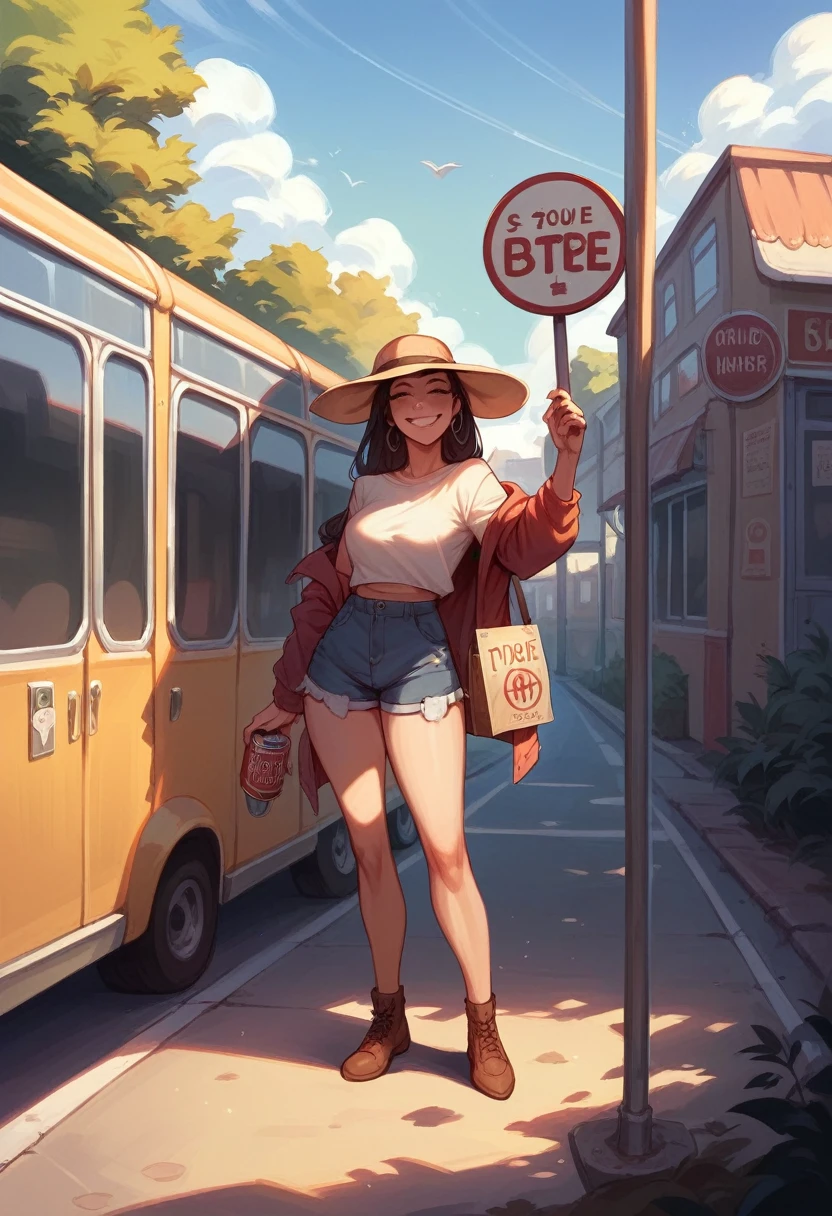 The picture is realistic and can be seen in full. A beautiful woman with no clothes on, a beautiful smile, standing at a bus stop. There is a sign on the back that says "dracula" 
