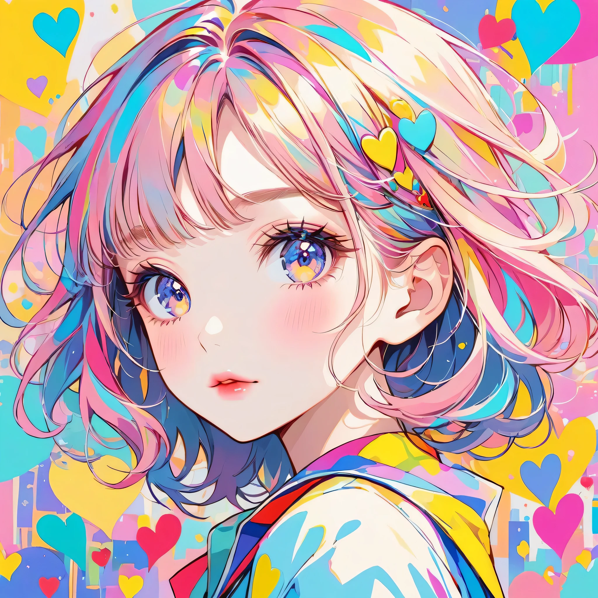 Mika Pikazo pastel color style, Simple Line Initialism,Abstract art,Urban Background, (((The most beautiful girl of all time))), Sweet face. Lips in love, colorful hearts, stylish design