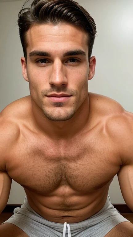 Full body shot of a man with very nice chiseled jaw and chest, big biceps, perfect face model, with symmetrical facial features, attractive facial features, perfect face, flawless face, perfect facial features, clean perfect symmetrical face, richly defined face, clean beautiful symmetrical face, attractive symmetrical face, perfect body and eyes, full body view in photo, top to bottom