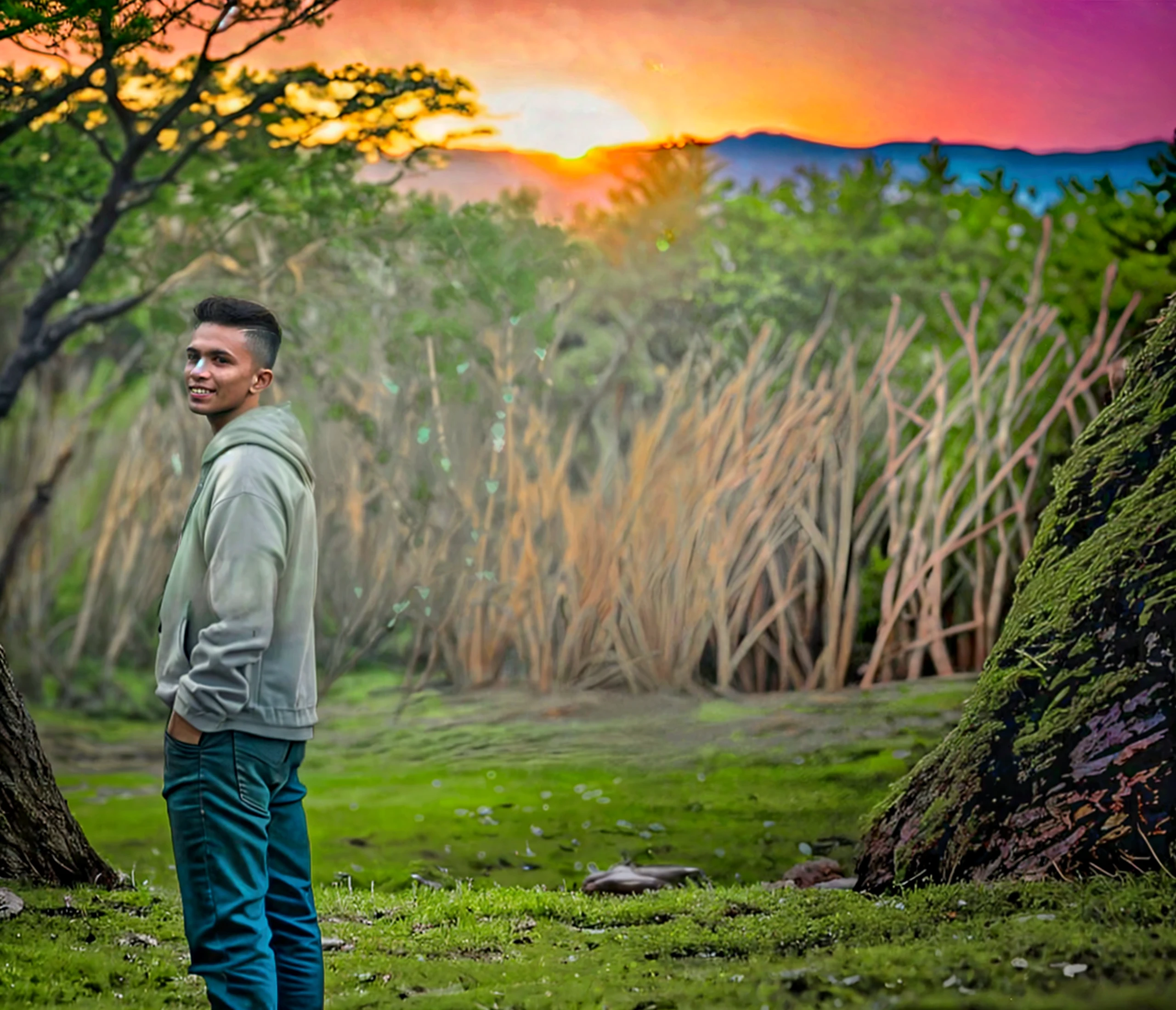 Arafed man sitting in a field with a frisbee at sunset, retrato ambiental, wide angle dynamic portrait, Retrato Grande Angular, foto retrato, Anton Fedeev, Standing on the grass at sunset, Daniel Dociu, with sunset, sentado em um campo, Retrato no meio da foto, sentado em um campo de cannabis, retrato de alta qualidade, at a beautiful sunset