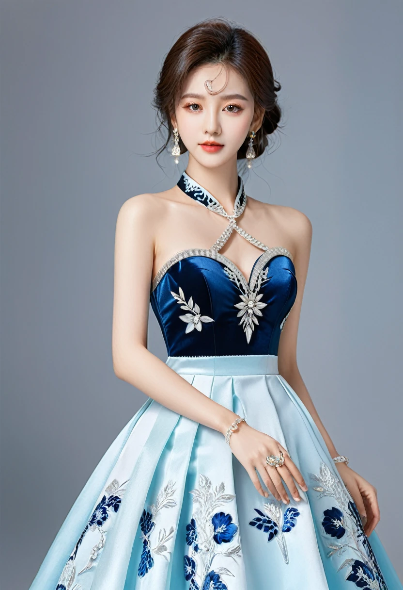 Realistic photo style, whole body 사진에 아름다운 아시아 소녀가 등장합니다., Wearing a unique ethnic style evening gown with delicate skin., bright and lively eyes, Thick eyelashes that look especially attractive. Long dresses are slim and elegant., Eye-catching silver jewelry and alcohol. The high-collar design adds an elegant atmosphere., Color of blue and white porcelain. using light and shadow, The vivid and harmonious appearance of the protagonist is highlighted... whole body, (masterpiece, best quality, professional, perfect composition, very aesthetic, absurd, very detailed, intricate details:1.3)