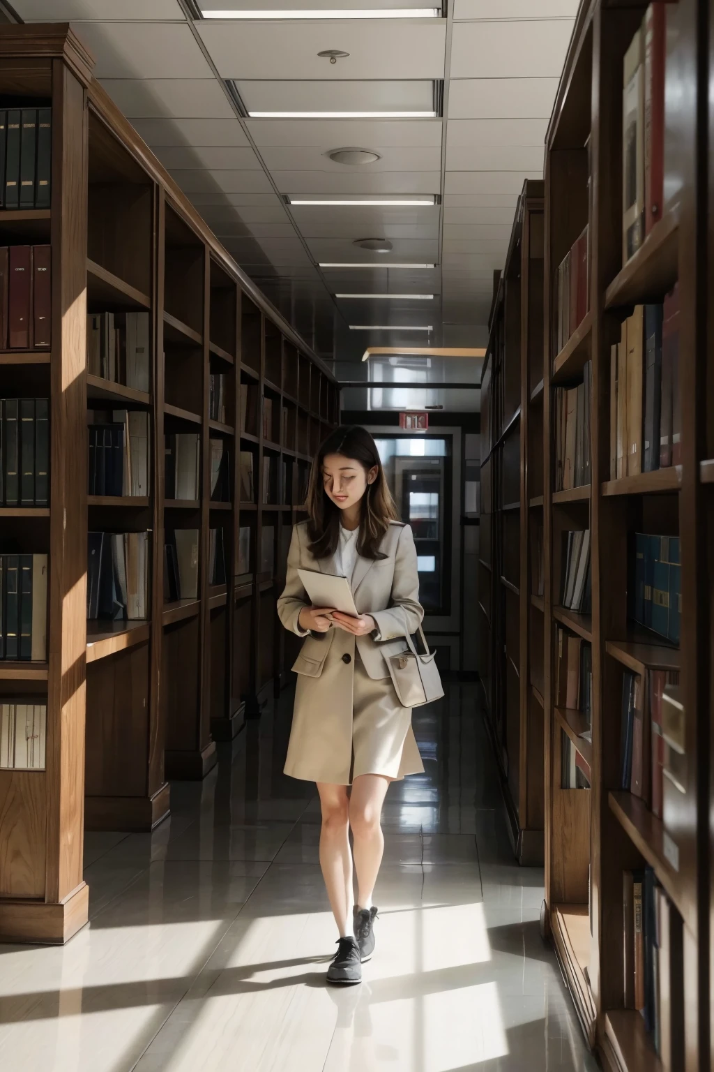 A , with books in hand, walks into the library alone