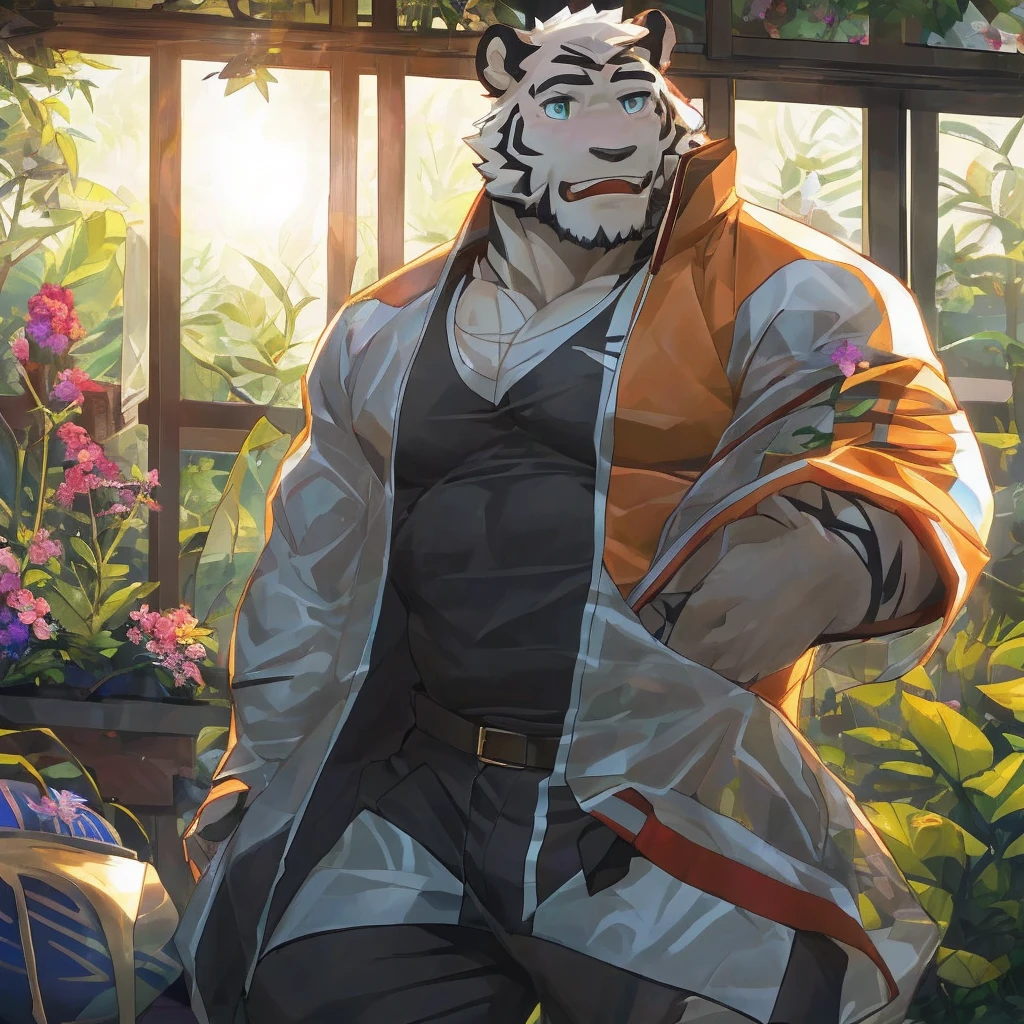 masterpiece,best quality,greenhouse,Sunlight,Flowers,plant,Male focus,Tiger-type orcs,(Sporty:1.5), (White fur,Black eyebrows:1.5), Agate-colored eyes,Black Nose,Five fingers,Strong body,Pectoralis major,Eight-pack abs,Clothes unbuttoned to reveal chest muscles,belt,Transparent raincoat,