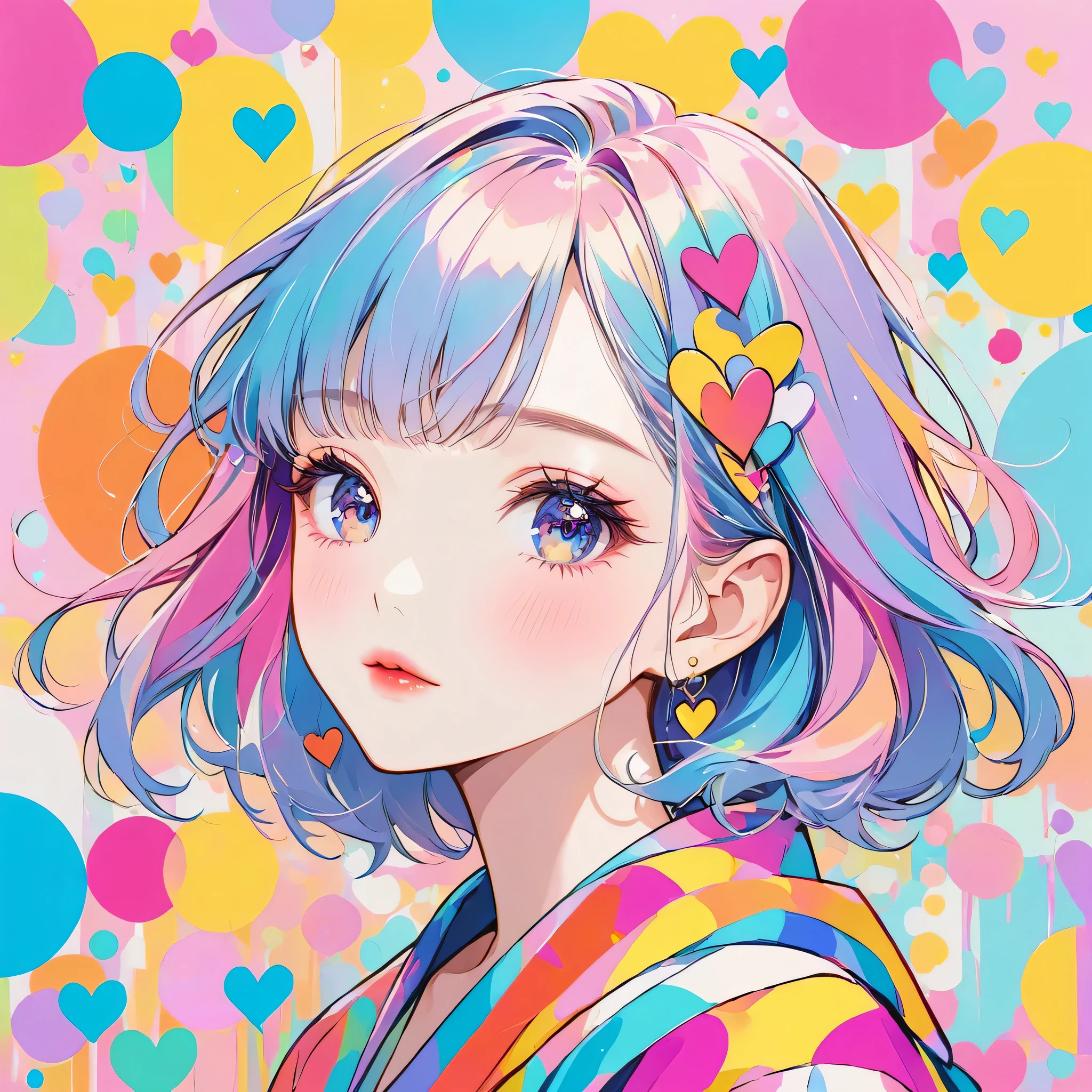 Mika Pikazo pastel color style, Simple Line Initialism,Abstract art,Urban Background, (((The most beautiful girl of all time))), Sweet face. Lips in love, colorful hearts, stylish design