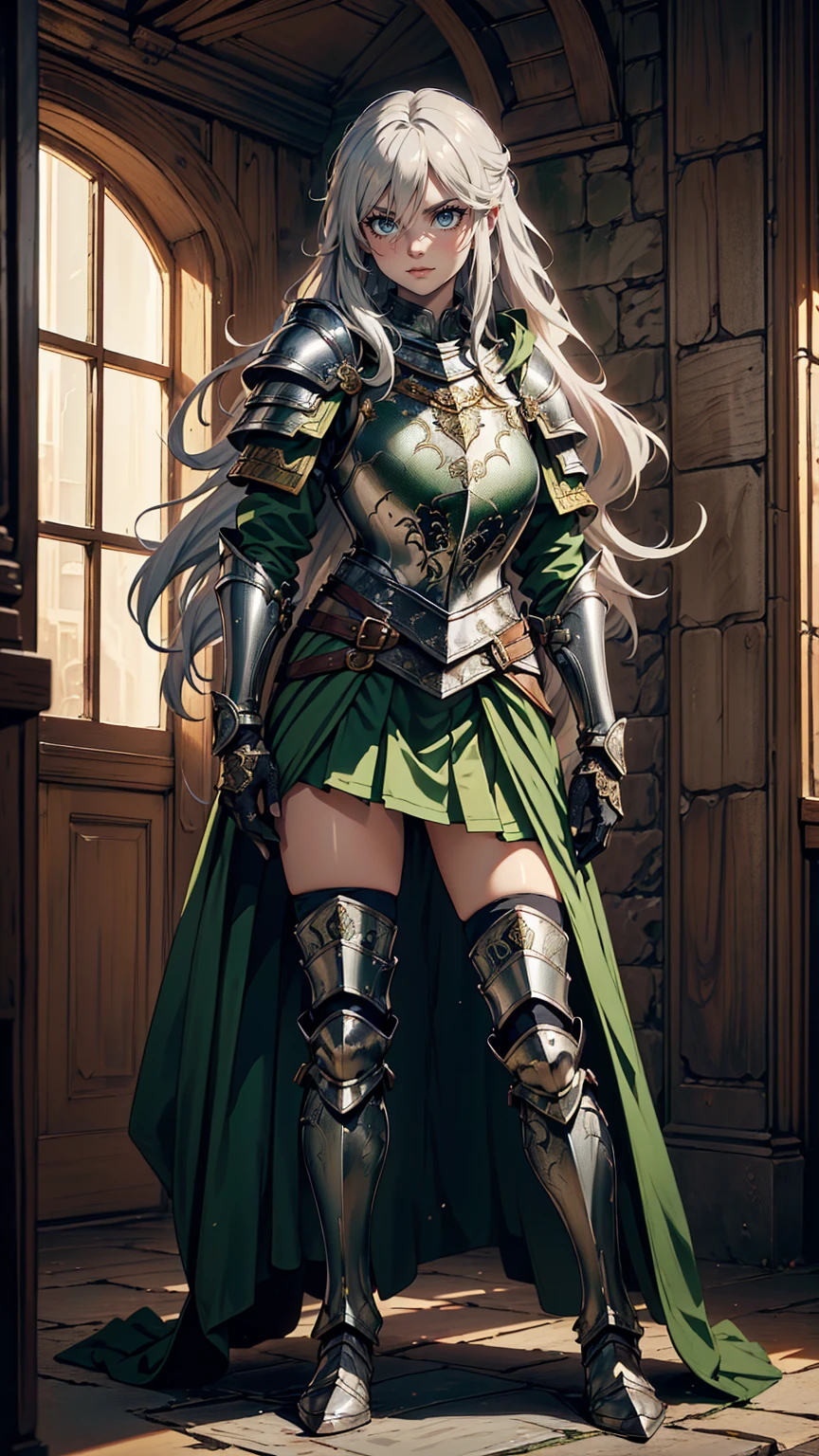 最high quality、Ultra High Definition, Ultra High Quality, Hyper Definition, Hyper Quality, Hyper Detailed, Extremely Detailed, Perfectly Detailed, Best image quality、masterpiece、anime woman((20-year-old、super dynamic pose , Green solid eyes, Silver long Hair、Full body, Disheveled Hair、Long White Hair, Glove、Green Skirt, Noble Armor, Smirk, cheerful expression, Detailed Cuirass , Dressed in Full Coverage Noble Plate Armor, leg armor)),high quality、Beautiful art、background((Inside the mansion))、Written boundary depth、 movie、Visual Arts、Perfect art、8K,Genuine、
