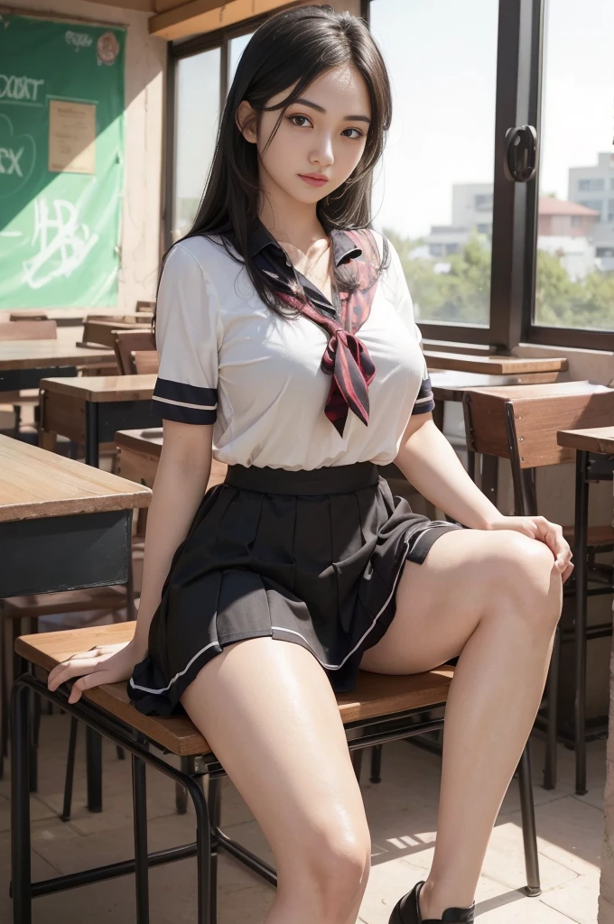 1girl, (Indonesian_high_school_uniform), distance from audience, detailed face, detailed eyes, thick huge breasts, detailed skin, looking at Viewer, clear light, (8k, RAW photo, best quality, masterpiece: 1.4), (realistic, realistic: 1.37), ultra-high resolution, photorealistic, high resolution, solo, wide muscular hips, realistic face, (detailed face), sexy pose, black hair Color, view from below, (busty), clean armpit, six pack belly, large breasts, full body angle, 19-years-old-girl, perfect thighs, muscular thighs, muscular arms, standing in the middle of park, wearing sexy short skirt, wearing tight closed-button shirt, asian goddess, long hair, straight hairstyle, muscular belly, thick wide muscular hips, muscular arm, full body view, curvy body, tall body, smooth body, smooth legs, smooth skin