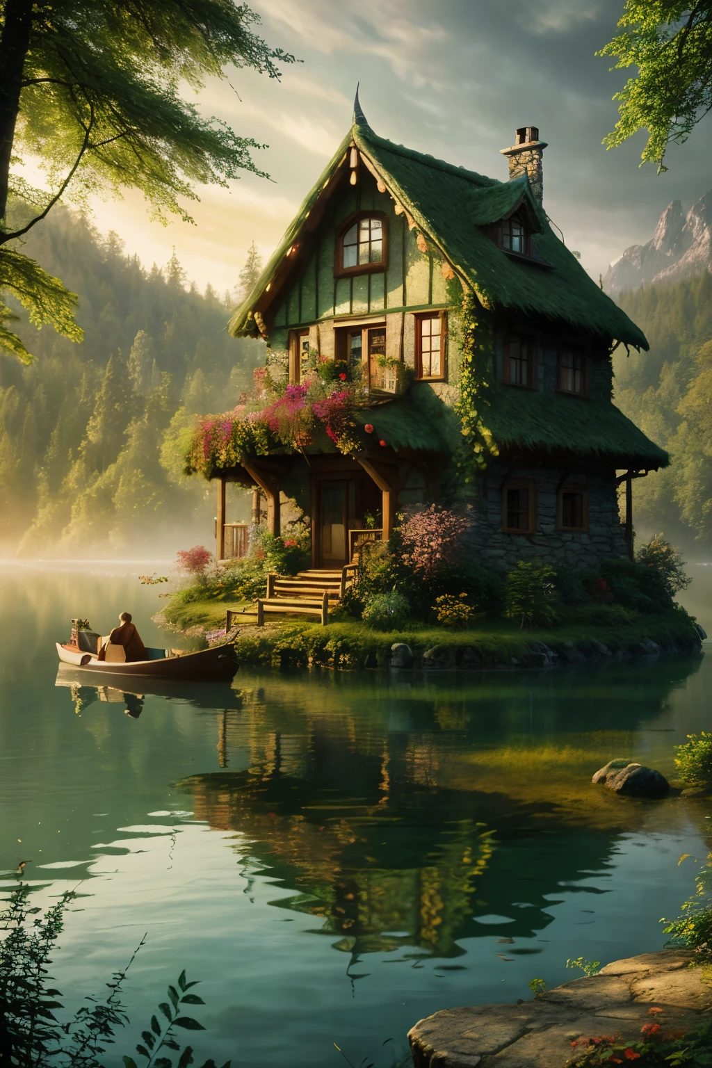 an image of a green house with a boat on the water in front of it, fantasy house, beautiful render of a fairytale, fantasy matte painting,cute, elves house, fairy tale place, beautiful 3 d concept art, beautiful house on a forest path, idyllic cottage, 4k highly detailed digital art, dream scenery art, cottage in the forest, whimsical fantasy landscape art, beatiful house, inspired by Evgeny Lushpin, gorgeous 3d render, the house in the forest, fantastical setting, by Gediminas Pranckevicius, house in the wood, beautiful 3d render