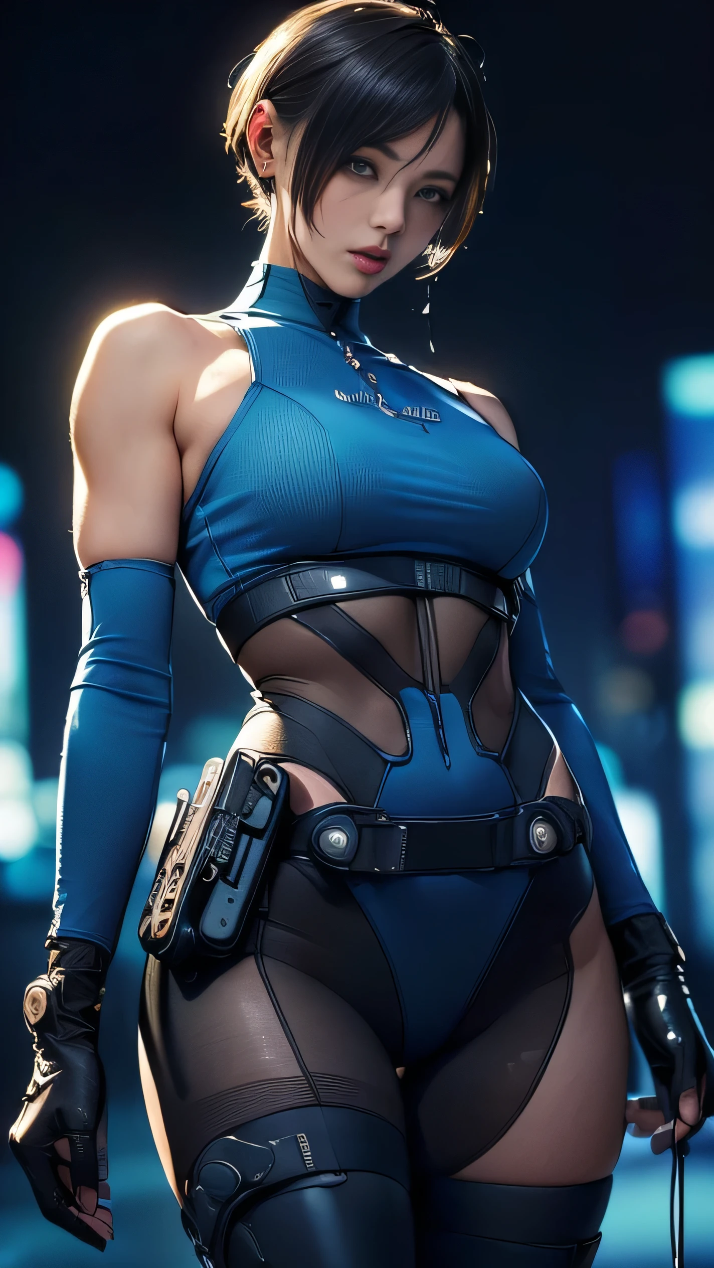 (A woman),(((A female member of the Future Force stands))),((Shiny dark blue tactical tights:1.5)),((earphone:1.5)),((Tactical Holster:1.5)),(Gloves:1.5),(Serious:1.5),(Super short hair:1.5),(beautiful eyes:1.3),(Very detailedな顔:1.5),((Very detailed drawing of a female hand:1.5)),(((muscular:1.5))),((Sexy appearance:1.5)),((Thick thighs:1.5)),(Beautiful Body:1.5),((Very sensual:1.5)),(The backdrop is a futuristic city:1.5),(Cyberpunk atmosphere:1.5),(((Blurred Background:1.5))),(Written border depth:1.5),rest(((masterpiece:1.5),(best quality:1.5),(Very detailed:1.5),(high resolution:1.5),(Practical:1.5),(Practical:1.5),(Delicate depiction),(Carefully drawn))),8k,wallpaper
